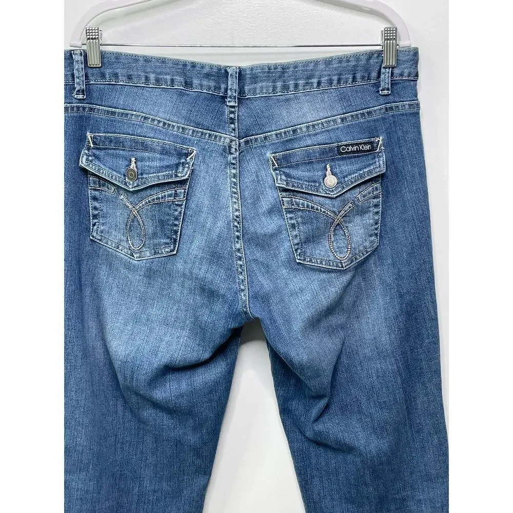 Calvin Klein‎ Whiskered Bootcut Jeans Mid Rise Denim Medium Wash Blue Womens 14